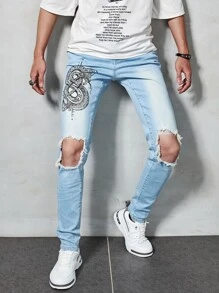 Tim Lord Guys Graphic Print Ripped Jeans - Light Wash - View 4