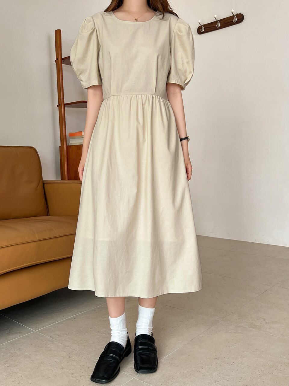 Solid Puff Sleeve A-line Dress