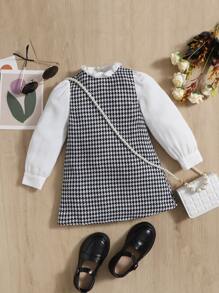 SHEIN Baby Girl Houndstooth Print Mock Neck Dress - Black and White - View 1