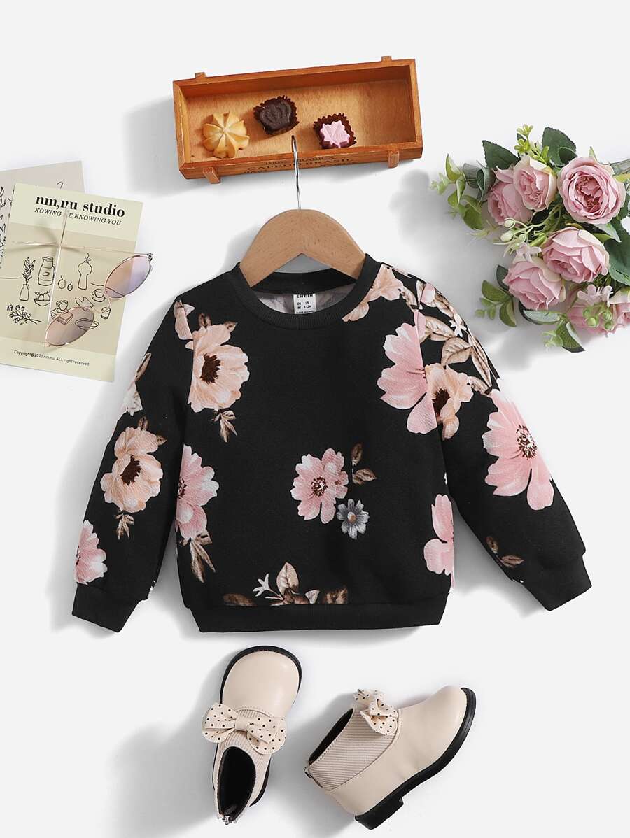 SHEIN Baby Girl Floral Print Sweatshirt,In Fall/Winter