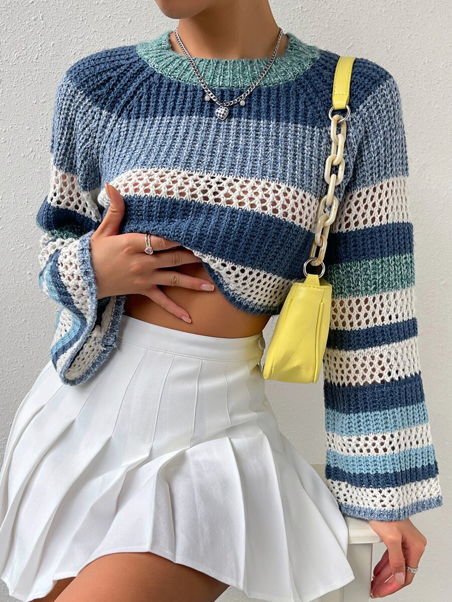 SHEIN Unity Suéter corto de punto con mangas raglán y bloqueo de color para otoño e invierno - Azul - Ver 1