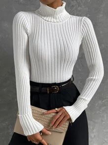 SHEIN Essnce Turtleneck Ribbed Knit Jumper - White - View 2