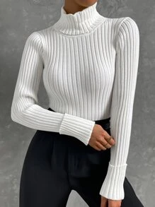 SHEIN Essnce Turtleneck Ribbed Knit Jumper - White - View 4