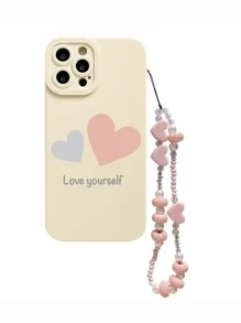 愛心圖案手機殼附帶繩子 - 米色 - 查看 2
