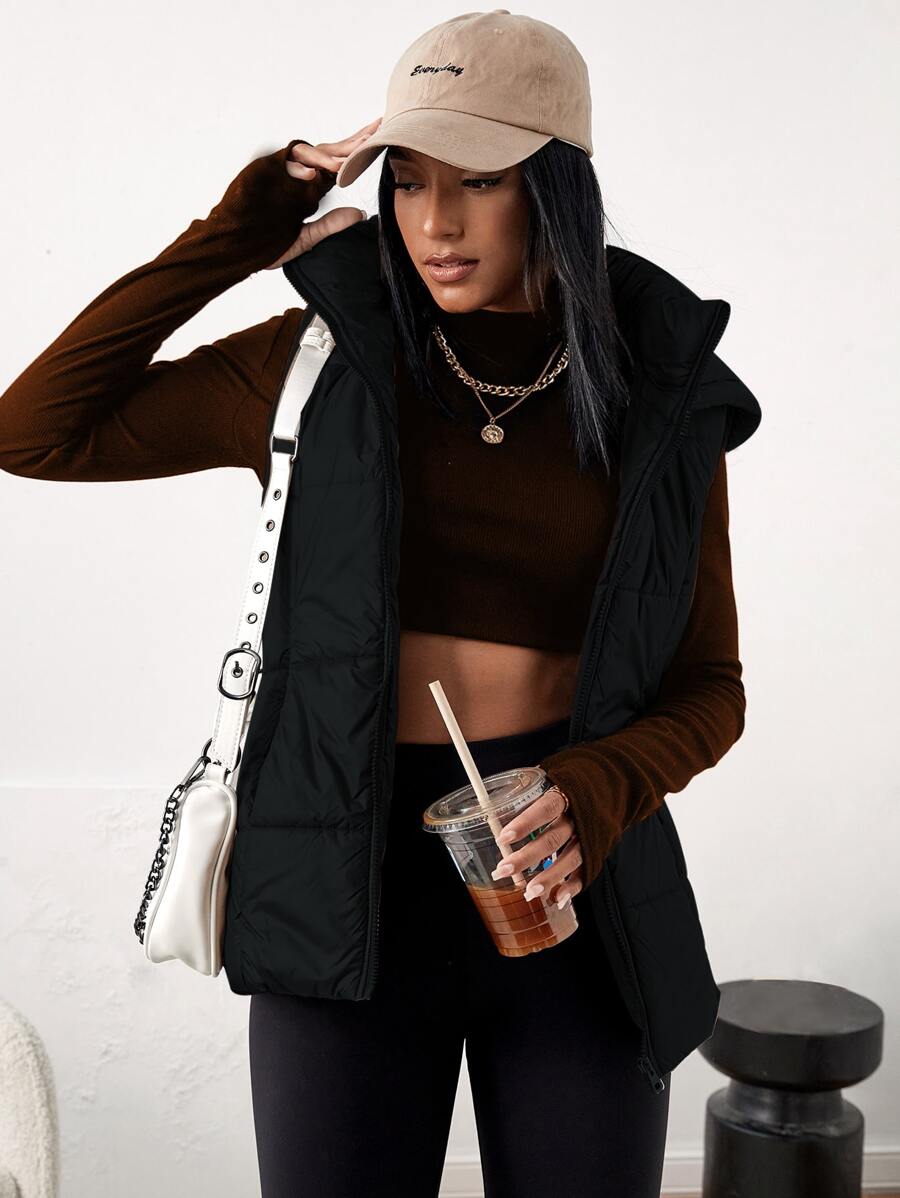 Muchica Slant Pockets Hooded Vest Padded Coat - Black - View 1