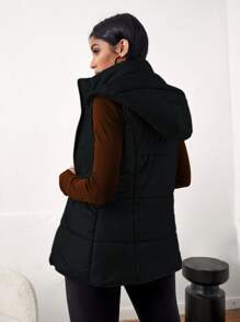 Muchica Slant Pockets Hooded Vest Padded Coat - Black - View 2