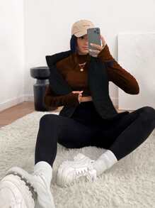 Muchica Slant Pockets Hooded Vest Padded Coat - Black - View 3