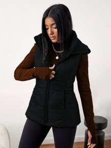 Muchica Slant Pockets Hooded Vest Padded Coat - Black - View 4