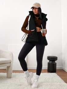 Muchica Slant Pockets Hooded Vest Padded Coat - Black - View 5