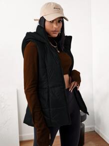 Muchica Slant Pockets Hooded Vest Padded Coat - Black - View 6