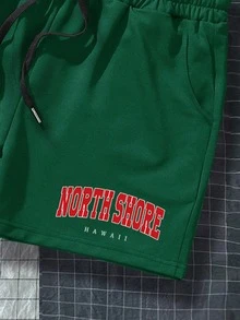 Manfinity Campus Court Aesthetic Post--Men Letter Graphic Drawstring Waist Shorts - Dark Green - View 5