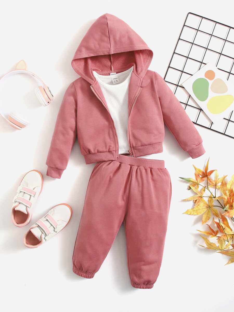 SHEIN 嬰兒素色拉鏈連帽衫和運動褲不帶T恤 - 藕粉色 - 查看 1