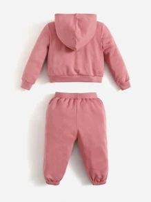 SHEIN 嬰兒素色拉鏈連帽衫和運動褲不帶T恤 - 藕粉色 - 查看 2