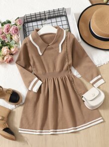 Cô Gái Trẻ Sọc trang trí Viền bình hàng eo Đầm Áo len - Màu nâu  Mocha - Xem 1