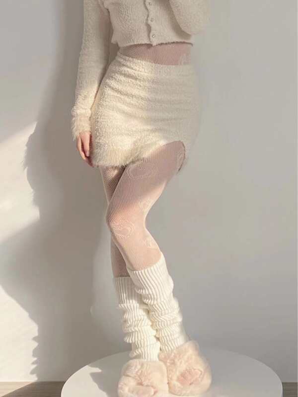 1 pantimedias de malla ajustadas con patrón de corazón de moda blanco