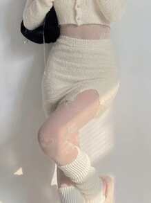 白色漁網襪帶愛心圖案和素色及膝腿套套裝適合女士 - 白色 - 查看 2