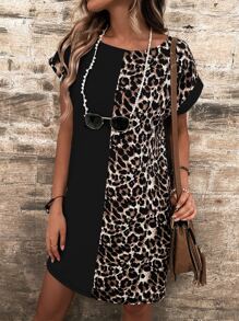 SHEIN LUNE Leopard Print Batwing Sleeve Tee Dress - Multicolor - View 1