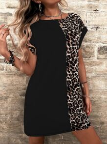 SHEIN LUNE Leopard Print Batwing Sleeve Tee Dress - Multicolor - View 3