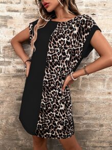 SHEIN LUNE Leopard Print Batwing Sleeve Tee Dress - Multicolor - View 4