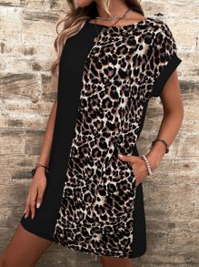 SHEIN LUNE Leopard Print Batwing Sleeve Tee Dress - Multicolor - View 6