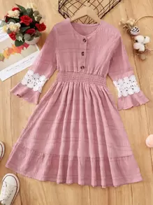 Girls Contrast Lace Shirred A-line Dress - Pink - View 1