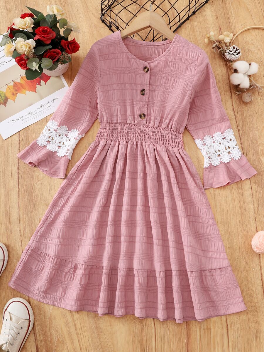 Girls Contrast Lace Shirred A-line Dress - Pink - View 1