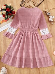 Girls Contrast Lace Shirred A-line Dress - Pink - View 2