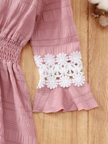 Girls Contrast Lace Shirred A-line Dress - Pink - View 3