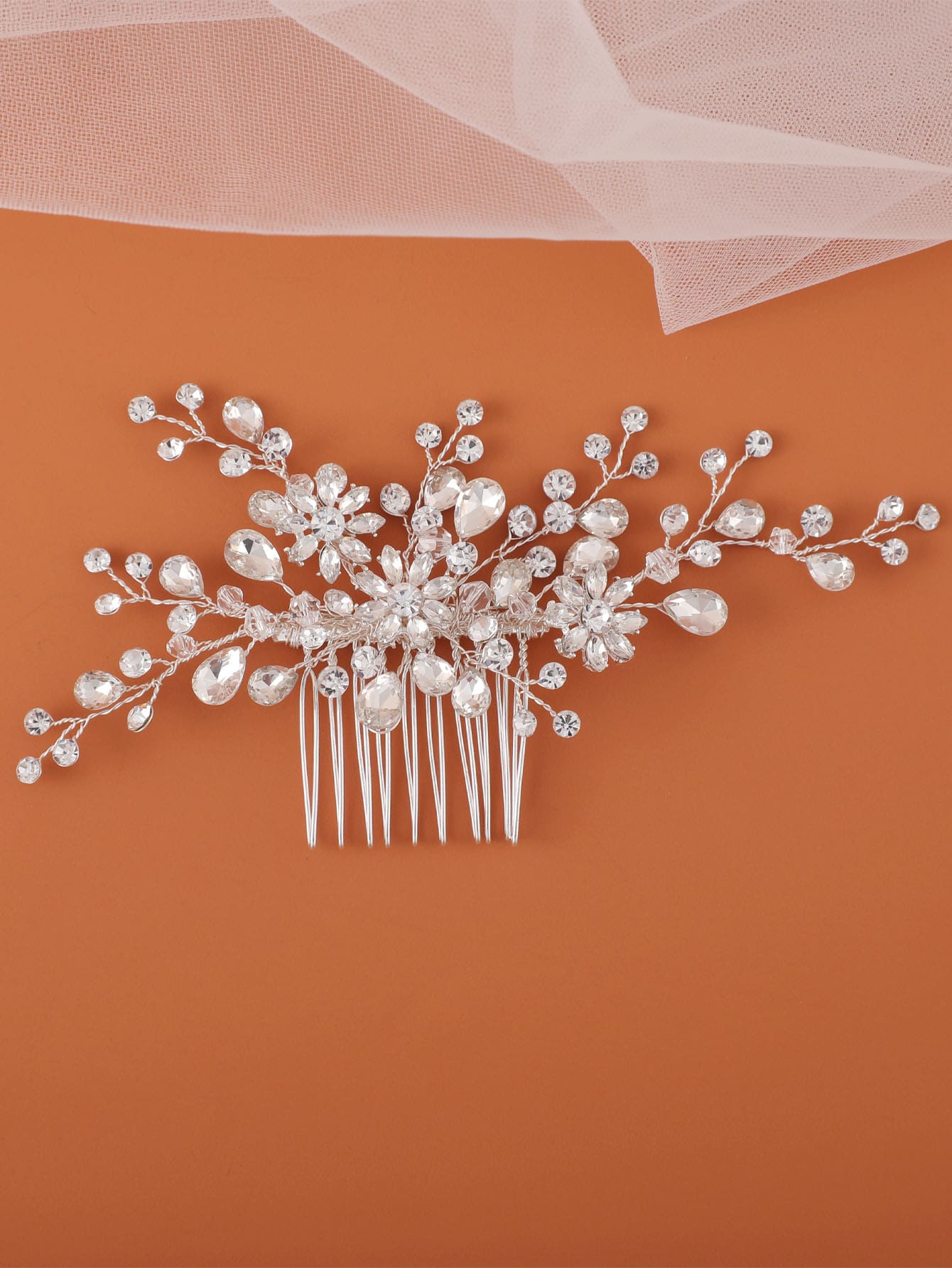 Rhinestone Flower Decorated Bridal Hair Comb Elegant Headdress; Bridal Hair Accessories Valentine's Day Accessories - Silver - View 1