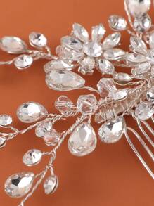 Rhinestone Flower Decorated Bridal Hair Comb Elegant Headdress; Bridal Hair Accessories Valentine's Day Accessories - Silver - View 4