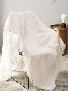 素色流蘇裝飾毯子 - 白色 - 查看 1