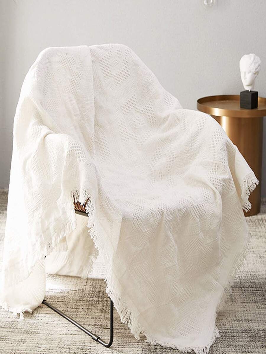 Plain Tassel Decor Blanket - White - View 1
