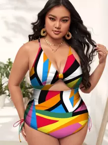 Swim Vcay Plus Geo 印花系带侧边连体泳衣，适合夏季海滩度假 - 彩色 - 查看 1