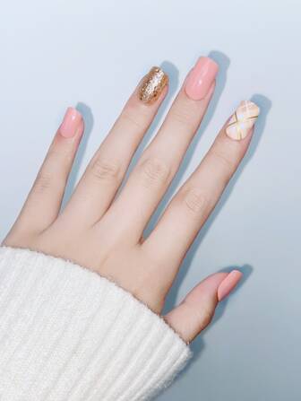 24 قطعة أظافر مزيفة قصيرة مربعة و 1 قطعة مبرد أظافر و 1 ورقة شريط لصق أظافر ، لوازم الأظافر