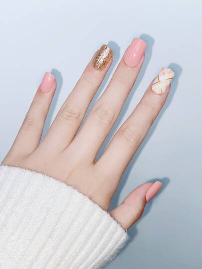 24Pcs Short Square Fake Nail & 1Pc Nail File & 1Sheet Tape Press On Nails Nail Supplies Nails