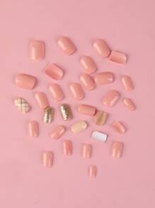 24 片短方形假指甲、1 个指甲锉和 1 片胶带，用于指甲贴合，美甲用品，美甲 - 粉色 - 查看 2