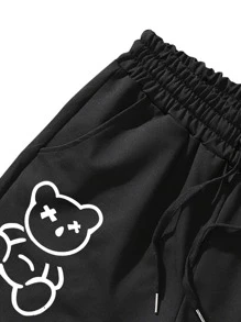 Manfinity Hypemode Men Slogan & Cartoon Graphic Drawstring Waist Shorts - Black - View 4