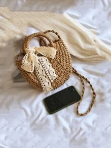 Lightweight, Casual Lace Up Decor Straw Bag Knit For Teen Girls Women College Students Perfect for College,Outdoors, Travel, Outings - Khaki - View 5