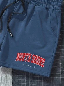 Manfinity Campus Court Hombres Shorts con estampado de letra de cintura con cordón - Azul Marino - Ver 5