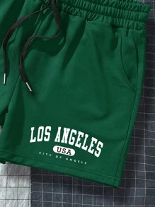 Manfinity EZcore Men Letter Graphic Drawstring Waist Shorts - Dark Green - View 5
