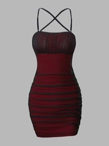 SHEIN Clasi Vestido con contraste de malla, cruzado y fruncido para ropa de Año Nuevo - Rojo - Ver 1