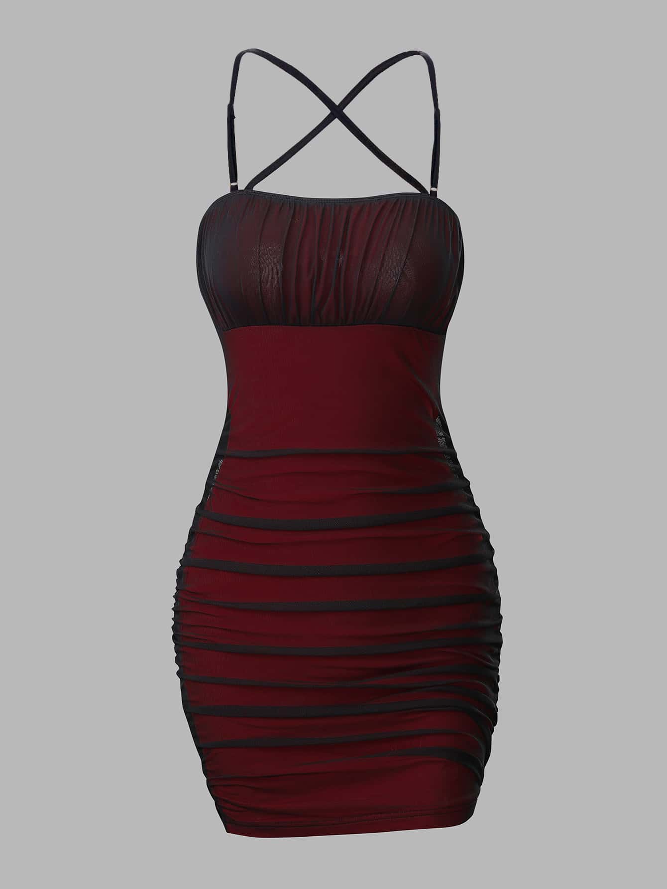 SHEIN Clasi Vestido con contraste de malla, cruzado y fruncido para ropa de Año Nuevo - Rojo - Añade 1