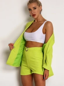 Joyfunear Neon Green Single Button Blazer & Ring Detail Shorts Set - Lime Green - View 3
