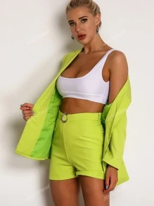 Joyfunear Neon Green Single Button Blazer & Ring Detail Shorts Set