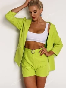 Joyfunear Neon Green Single Button Blazer & Ring Detail Shorts Set