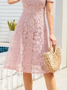 Vestido de novia elegante de cuello redondo, manga corta y falda de encaje para dama de honor, novia, fiesta de compromiso, fiesta de soltera, fiesta de cóctel, fiesta formal, baile de graduación - Rosa vieja - Ver 5