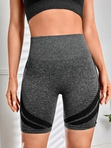 Easithlete Contrast Panel Wide Waistband Sports Shorts Stretchy ShortsWomen Sweat Short, Gym Short, Biker Short - Dark Grey - View 4