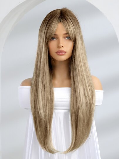 26 Inch Gradient Straight Hair Wigs With Bangs Synthetic Fiber Hair Replacement Wigs For Women Girls