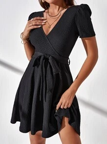 SHEIN Privé Puff Sleeve Belted Dress - Black - View 4