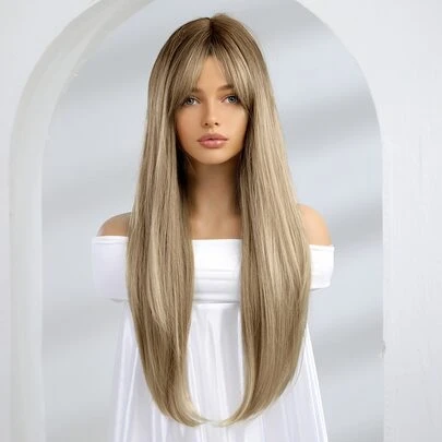 Pelucas de cabello lacio degradado de 26 pulgadas con flequillo pelucas de reemplazo de cabello de fibra sintética para mujeres y niñas